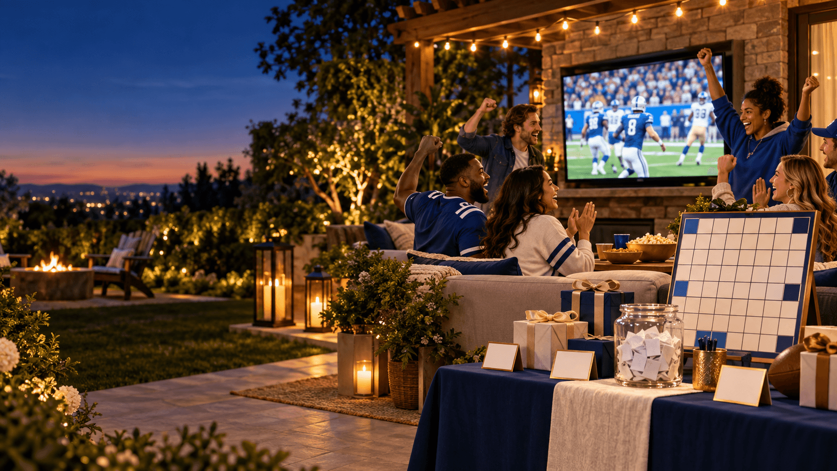 Friends enjoying a football watch party beside a Squares board and prize table