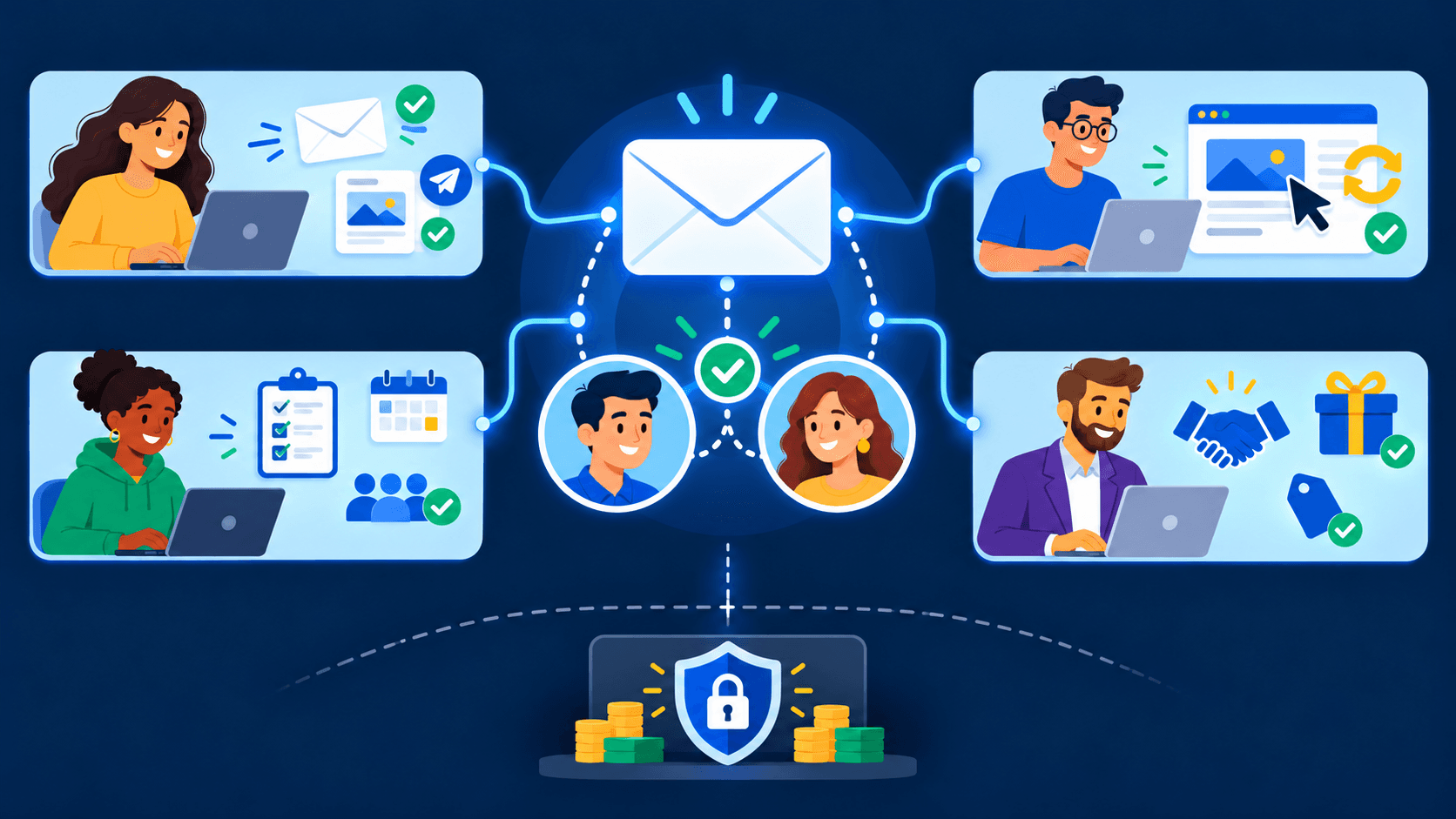 A shared fundraiser email hub connects to marketing, website, volunteer, and partnership operators while finance remains locked outside their access.