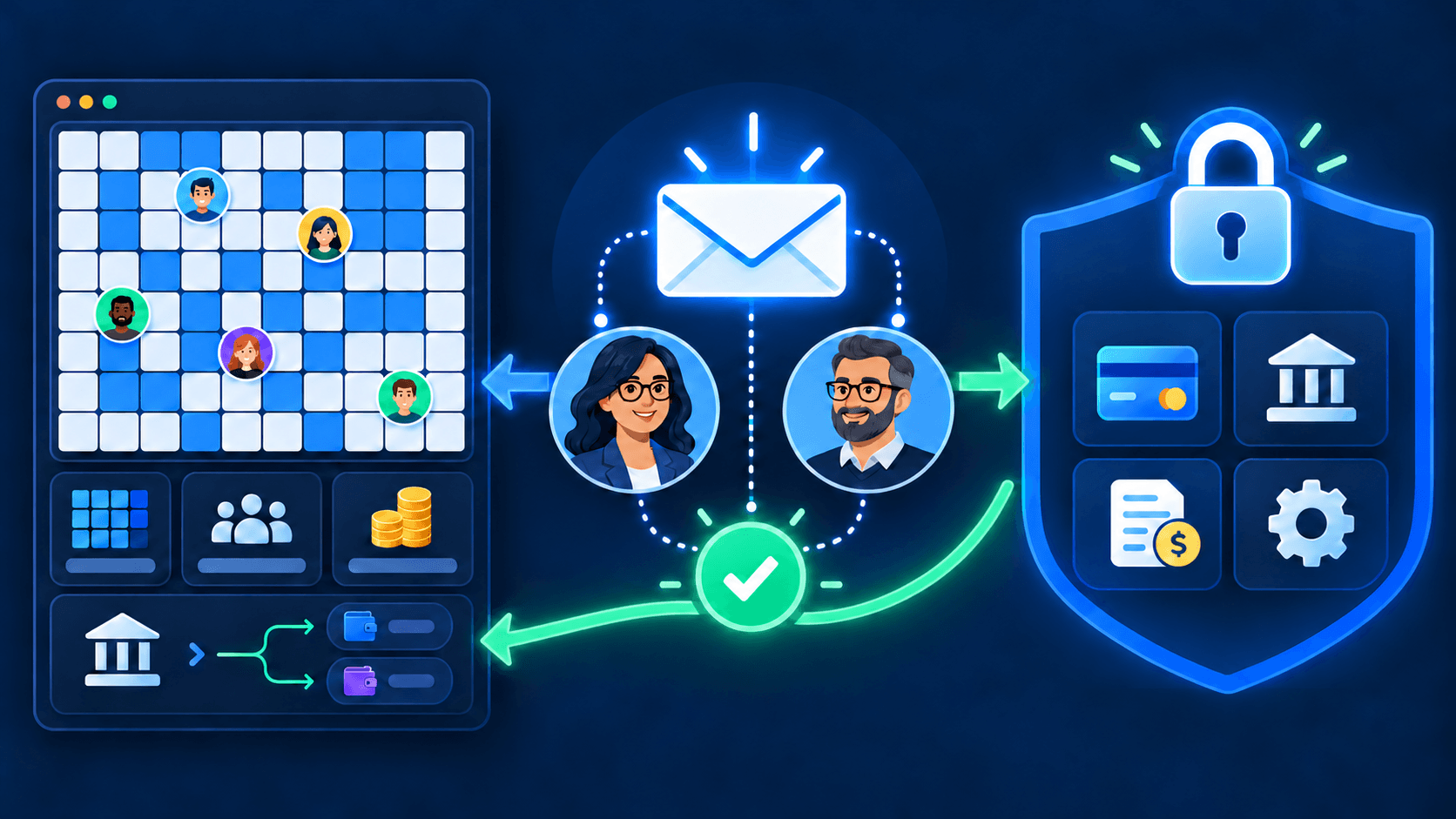 A Squares grid sends a financial change through shared email approval to protected payment settings, then returns the approved result to the grid's payment area.